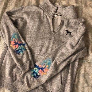 PINK Stitched Tropical Flower Half Zip Pullover